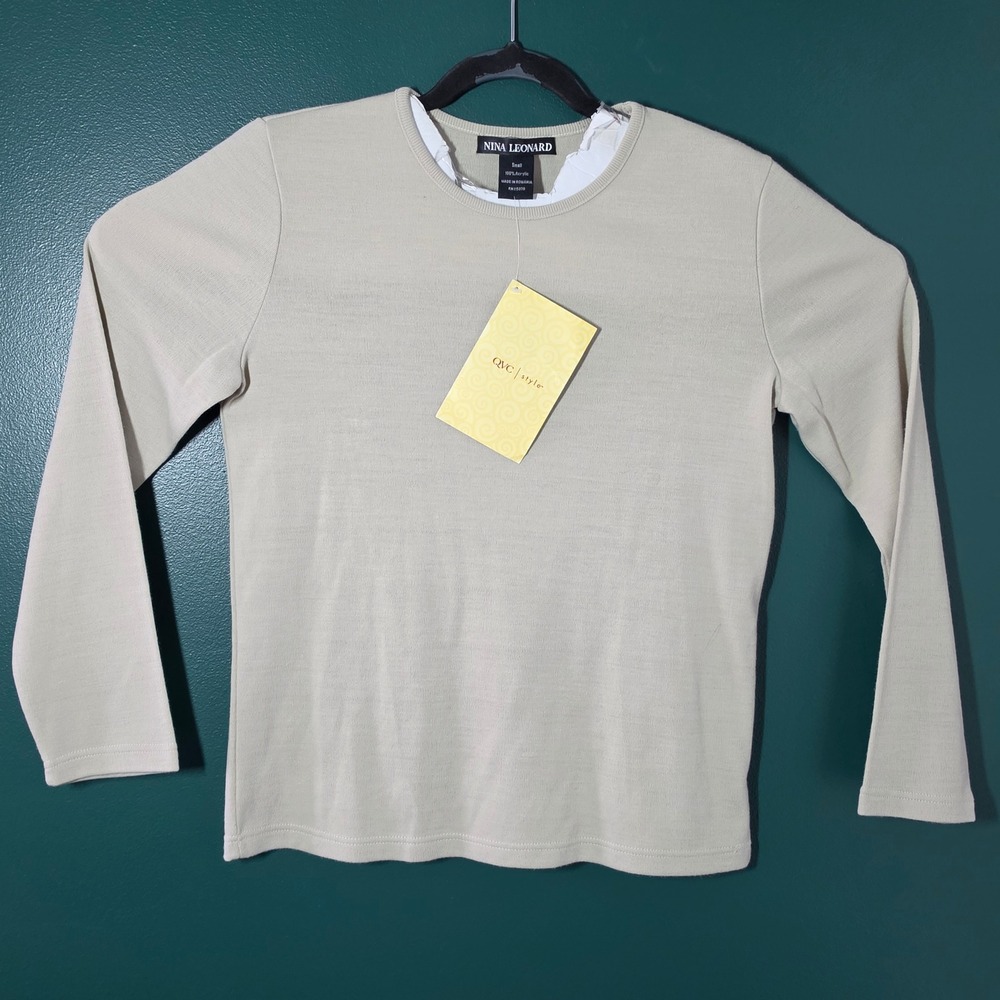 Nina Leonard Womens Beige Long Sleeve Crewneck Knit Sweater NWT‎ Small RN115070